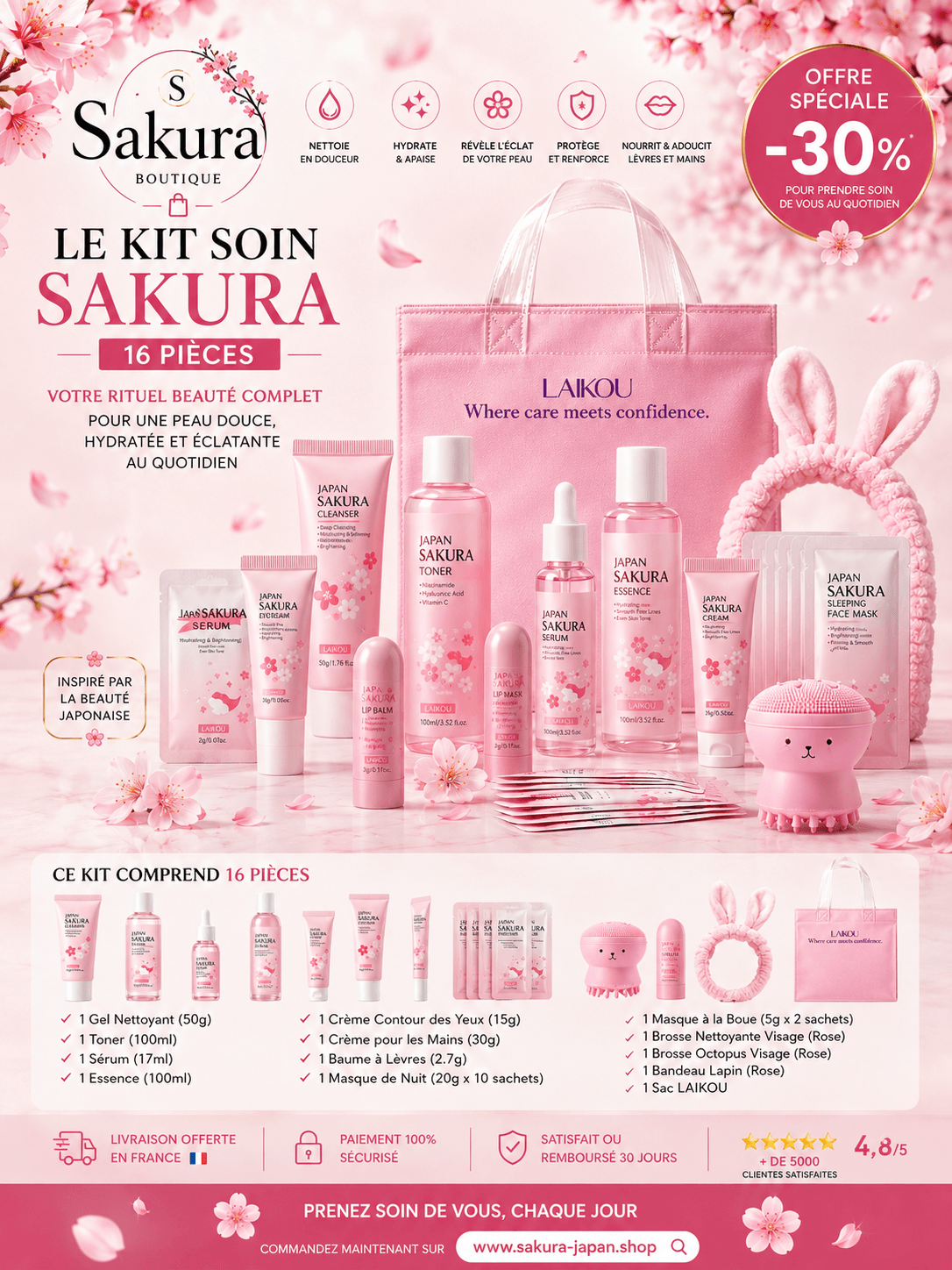 Set Soins Sakura 16 Pièces – Hydratation Intense
